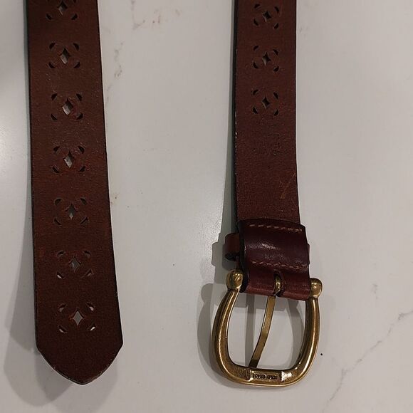 Express Perforated Brown Italian Leather Belt Solid Brass Buckle - Picture 6 of 10